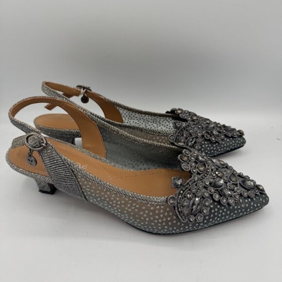 J. Renee Strovanni Slingback Pump Pewter Beaded Rhinestone, Lacy Mesh Silver 7W - Picture 2 of 8